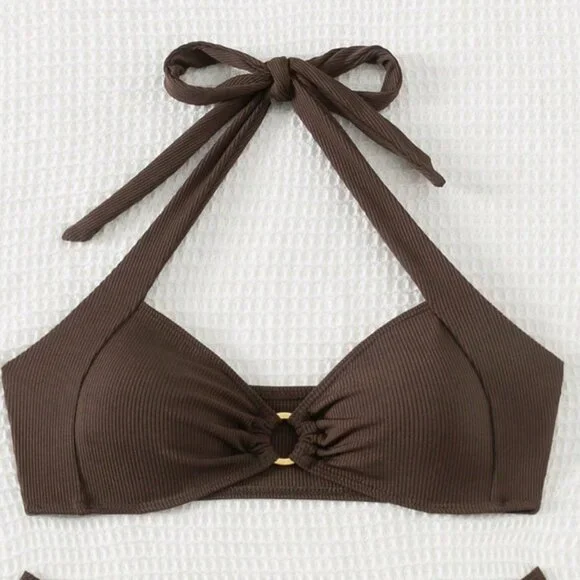 Coffee Brown Sexy Women's Beach Halter Neck Bra & Swim Bottom Bikini Set - Picture 7 of 8